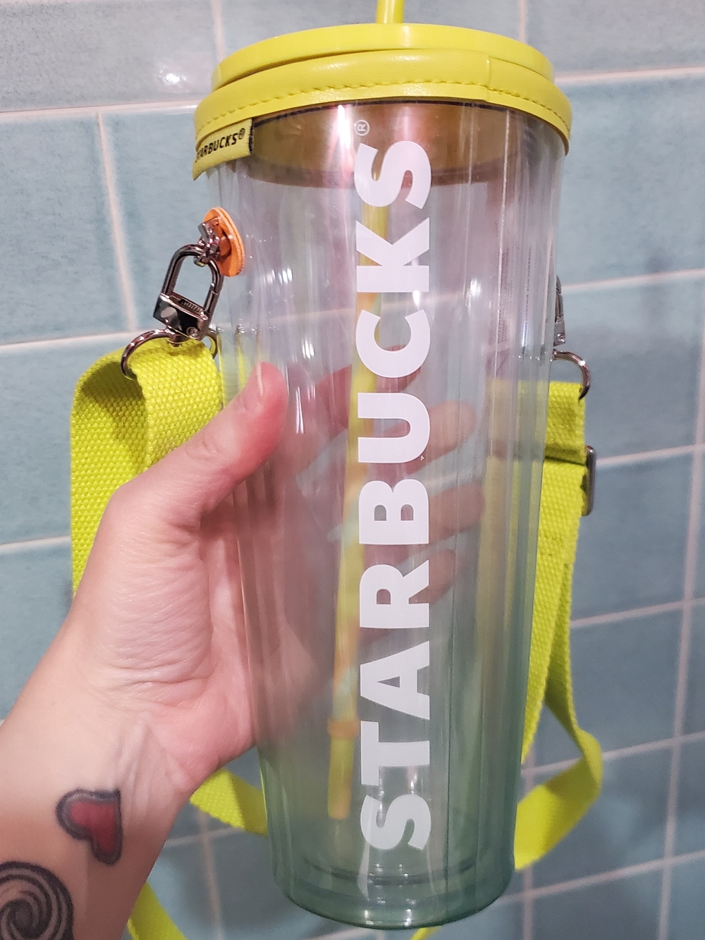 24 Oz Starbucks Chartreuse and White Cold Plastic Cup With Holder And Strap
